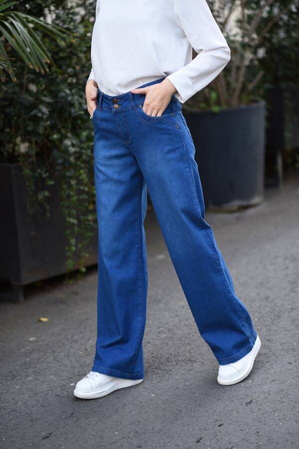1056-Denim Bol Paça Pantolon Koyu Mavi