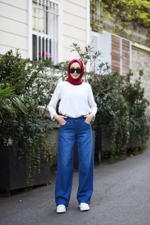 1056-Denim Bol Paça Pantolon Koyu Mavi