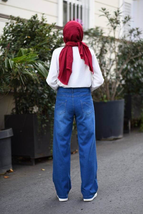 1056-Denim Bol Paça Pantolon Koyu Mavi