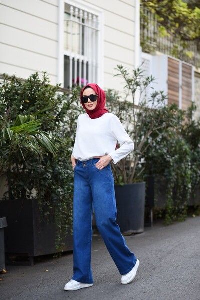 Neways - 1056-Denim Bol Paça Pantolon Koyu Mavi