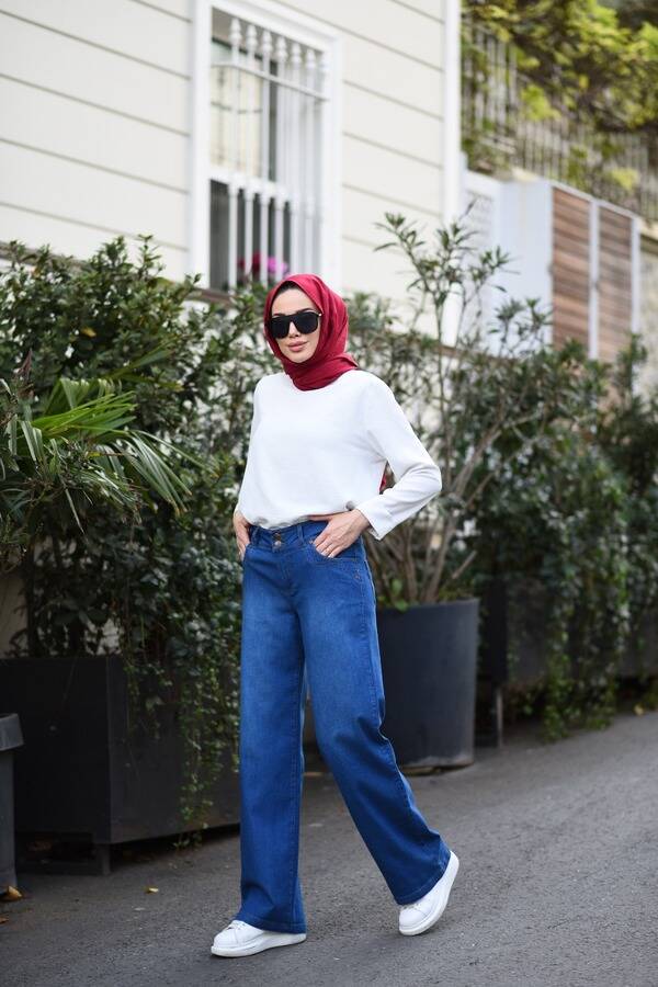 1056-Denim Bol Paça Pantolon Koyu Mavi