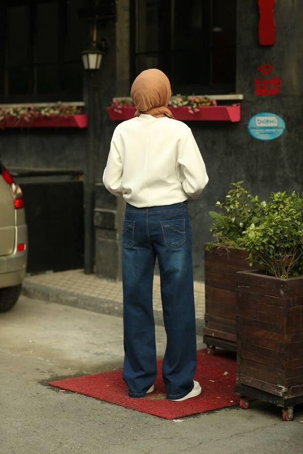 1056-Denim Bol Paça Pantolon Lacivert