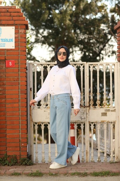 Neways - 1056-Denim Bol Paça Pantolon Mavi