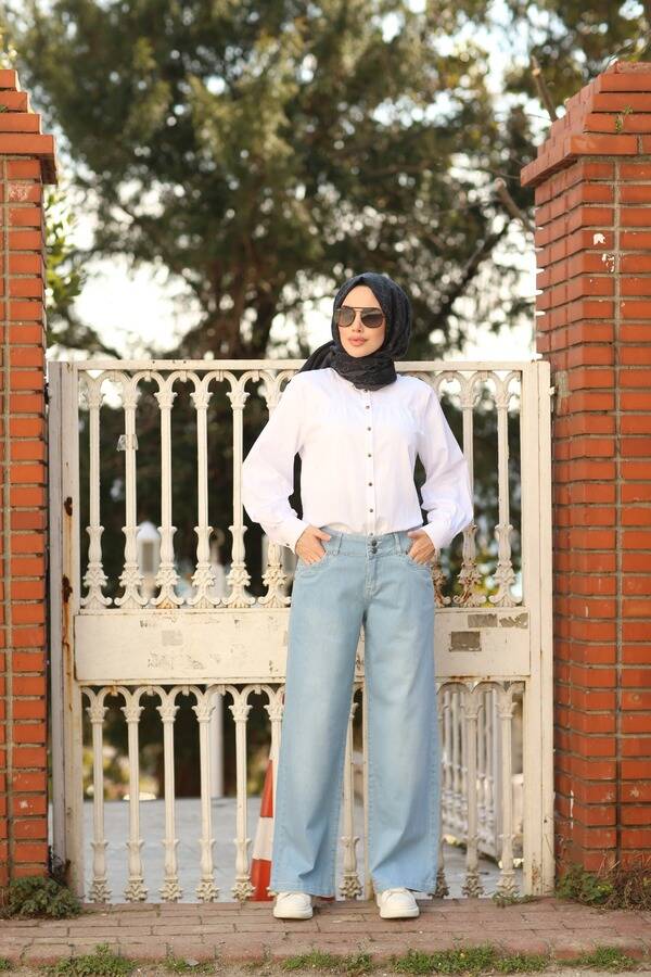 1056-Denim Bol Paça Pantolon Mavi