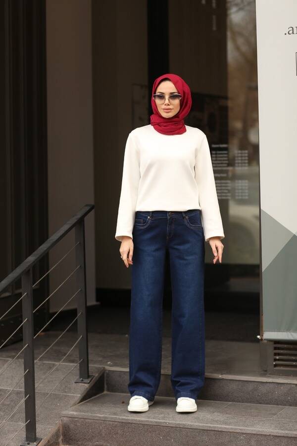 1062-Denim Bol paça Pantolon Lacivert