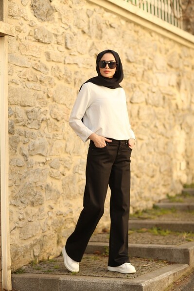 Neways - 1062-Denim Bol paça Pantolon Siyah