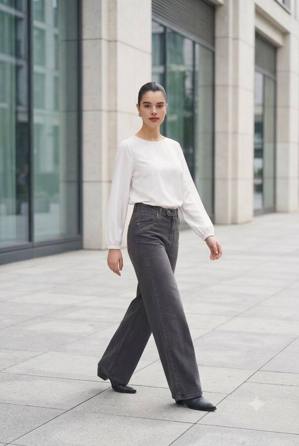 1067-Denim Bol Paça Pantolon Koyu Gri