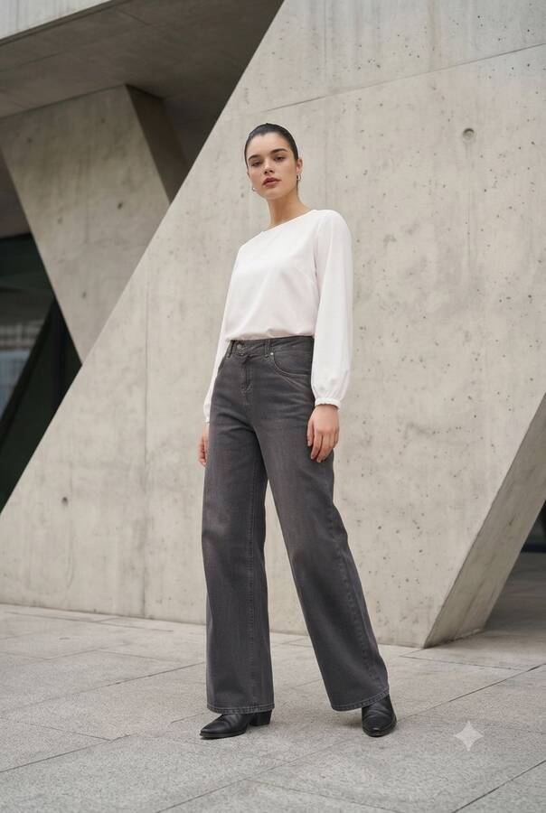 1067-Denim Bol Paça Pantolon Koyu Gri