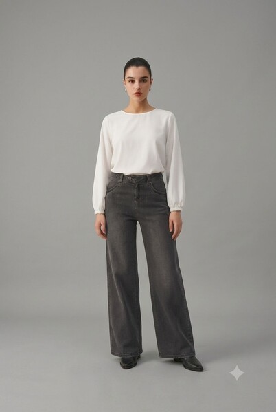Neways - 1067-Denim Bol Paça Pantolon Koyu Gri