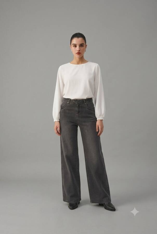1067-Denim Bol Paça Pantolon Koyu Gri