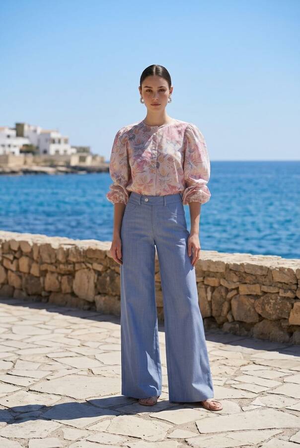 1067-Denim Bol Paça Pantolon Mavi