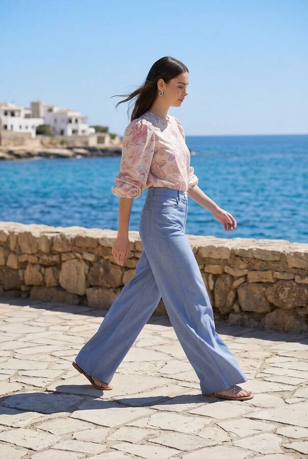 1067-Denim Bol Paça Pantolon Mavi
