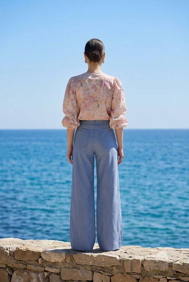 1067-Denim Bol Paça Pantolon Mavi