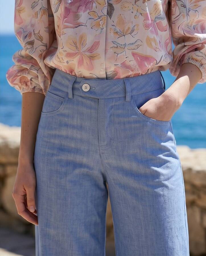 1067-Denim Bol Paça Pantolon Mavi