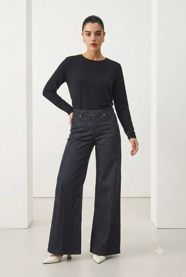 1067-Denim Bol Paça Pantolon Füme