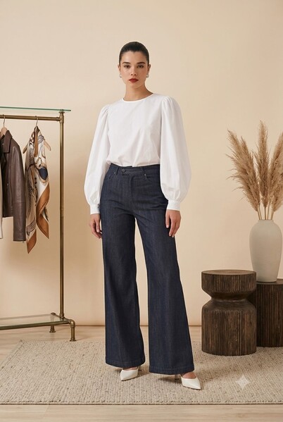 Neways - 1067-Denim Bol Paça Pantolon Füme
