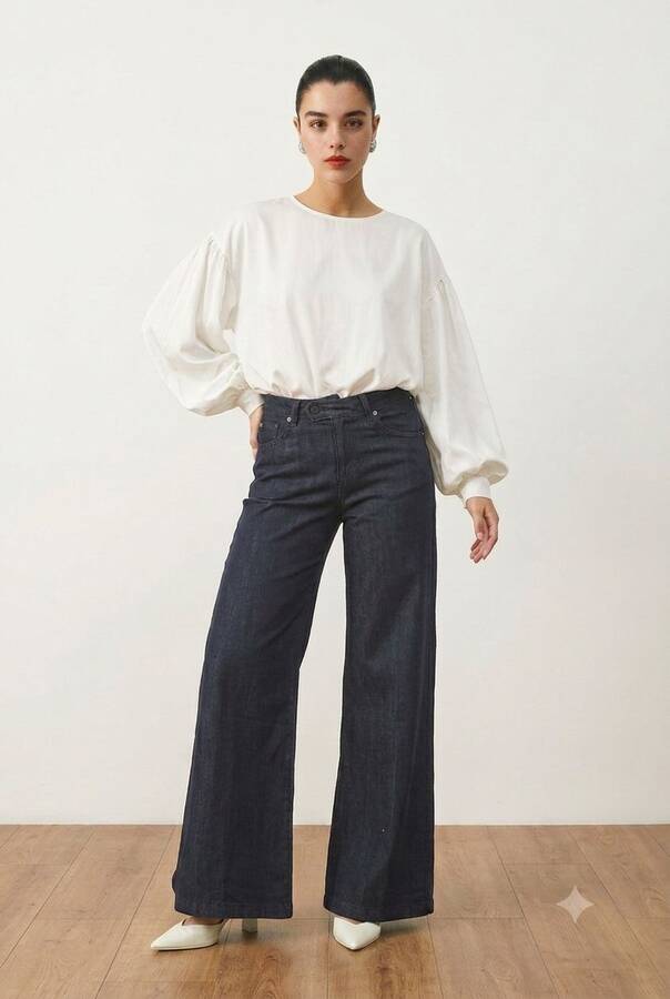 1067-Denim Bol Paça Pantolon Füme