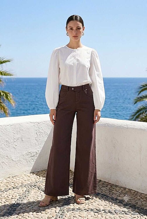 1067-Denim Bol Paça Pantolon Kahve - 5