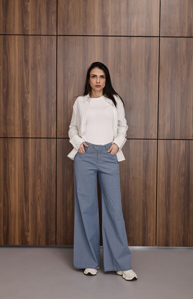 Neways - 1067-Denim Bol Paça Pantolon Mavi