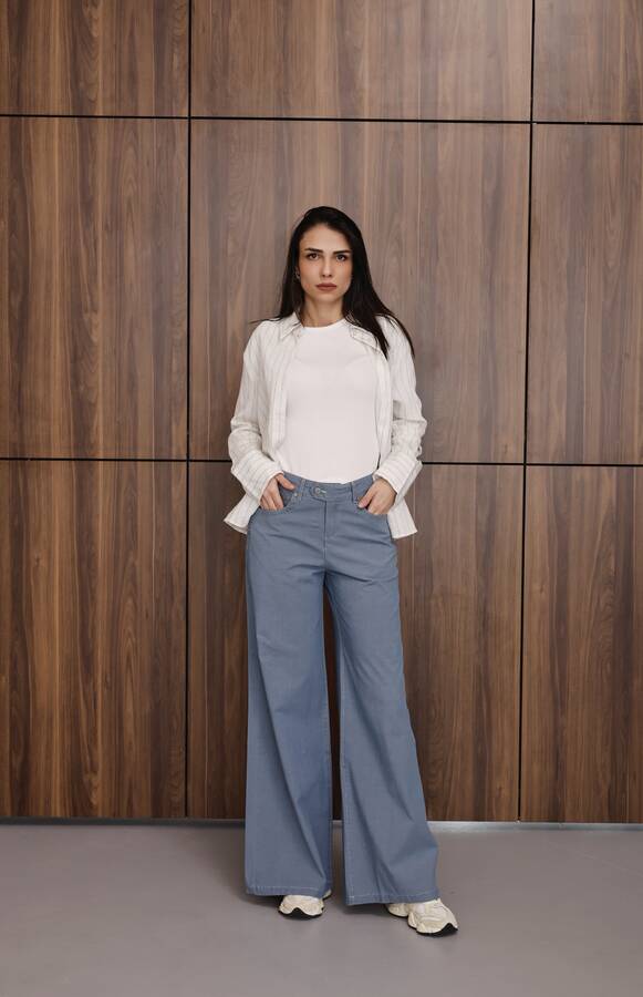 1067-Denim Bol Paça Pantolon Mavi