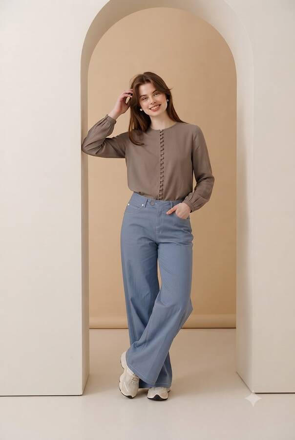 1067-Denim Bol Paça Pantolon Mavi