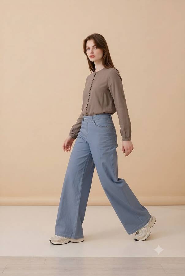 1067-Denim Bol Paça Pantolon Mavi