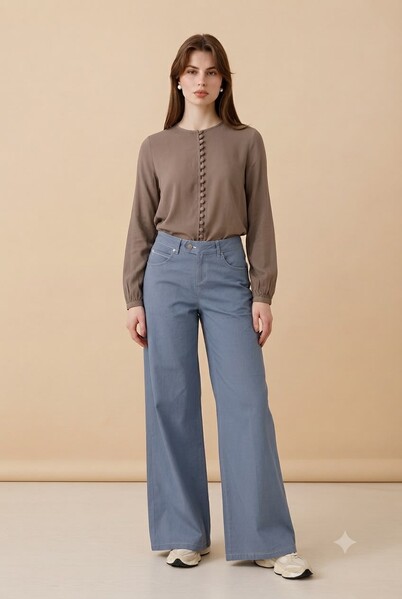 Neways - 1067-Denim Bol Paça Pantolon Mavi