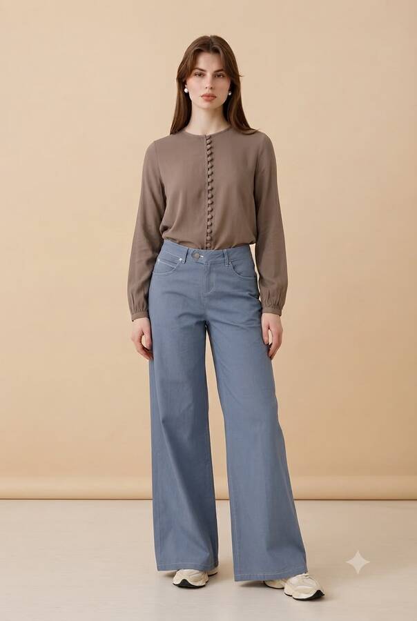 1067-Denim Bol Paça Pantolon Mavi