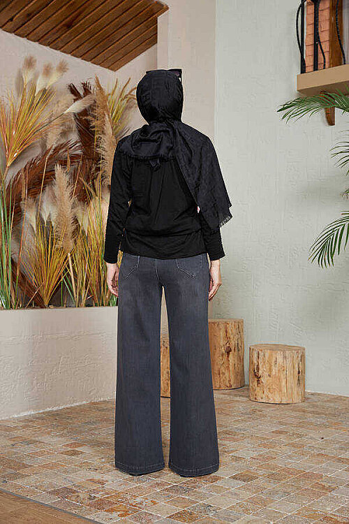1067-Denim Bol Paça Pantolon Koyu Gri - 4
