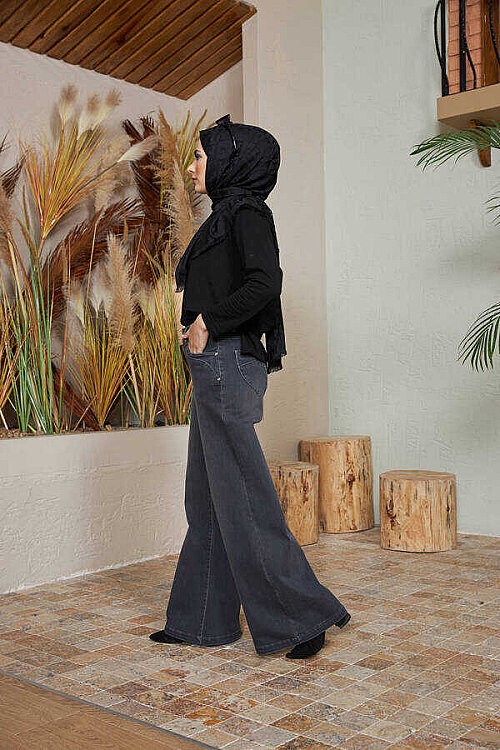 1067-Denim Bol Paça Pantolon Koyu Gri - 2