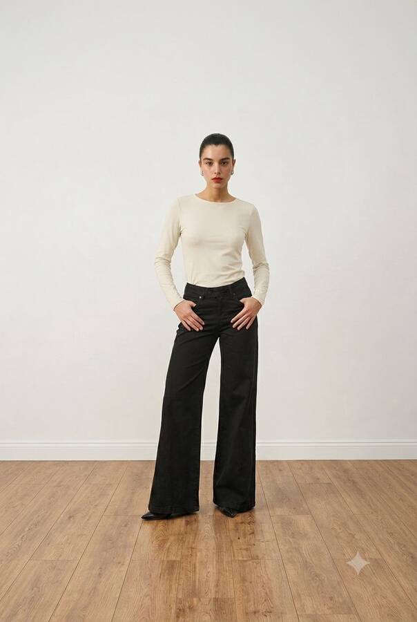 1067-Denim Bol Paça Pantolon Siyah