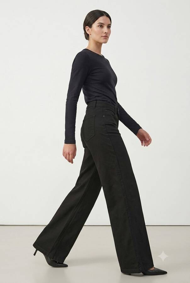 1067-Denim Bol Paça Pantolon Siyah