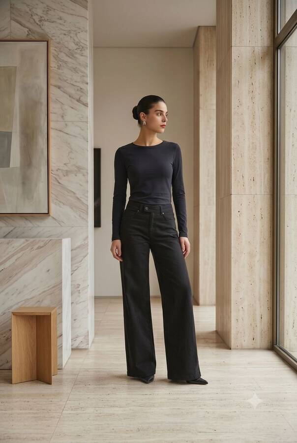 1067-Denim Bol Paça Pantolon Siyah