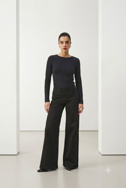 Neways - 1067-Denim Bol Paça Pantolon Siyah