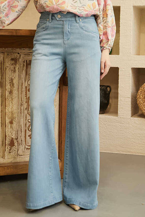 1067-Denim Bol Paça Pantolon Açık Mavi