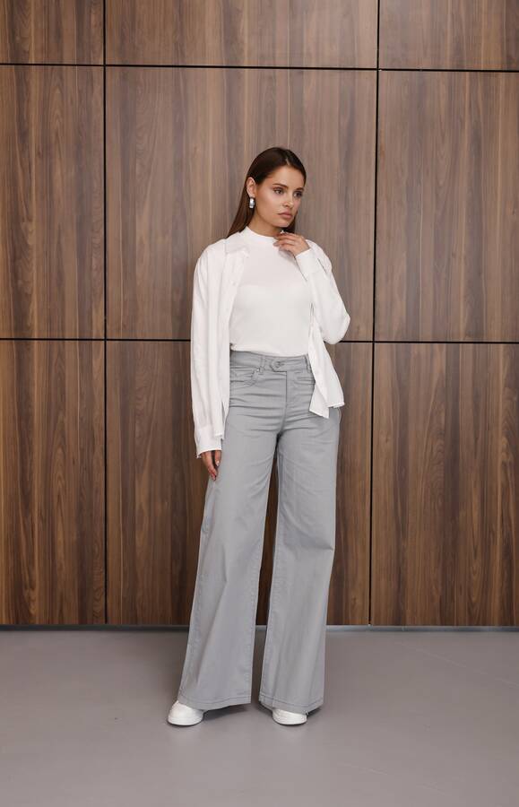 1067-Denim Bol Paça Pantolon Açık Gri