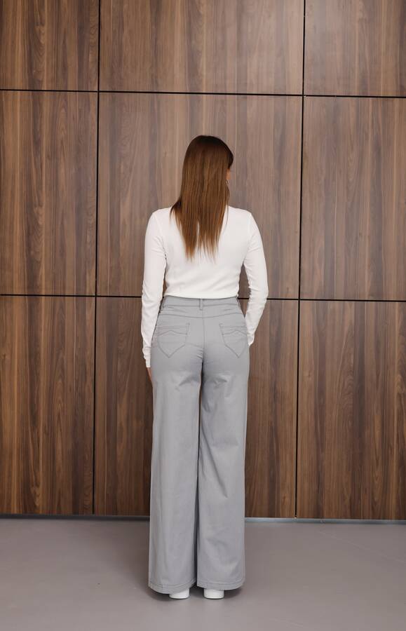 1067-Denim Bol Paça Pantolon Açık Gri