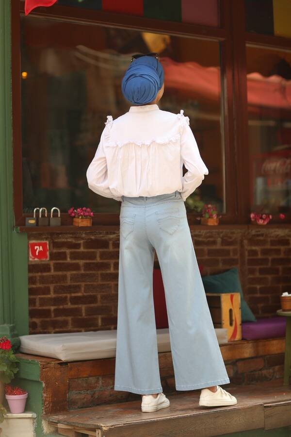 1067-Denim Bol Paça Pantolon Açık Mavi