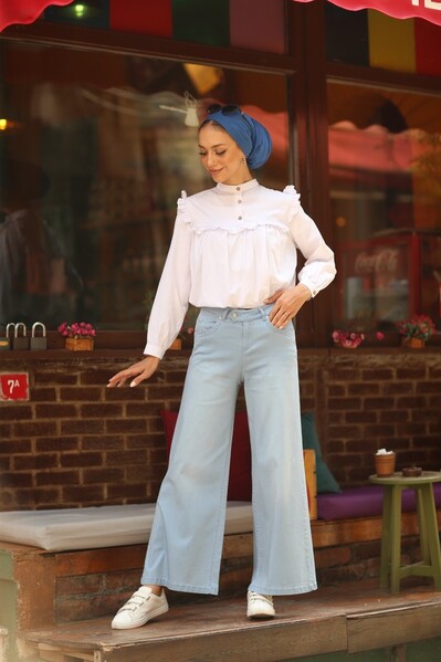 Neways - 1067-Denim Bol Paça Pantolon Açık Mavi