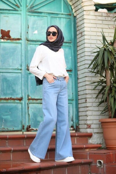 Neways - 1067-Denim Bol Paça Pantolon Açık Mavi