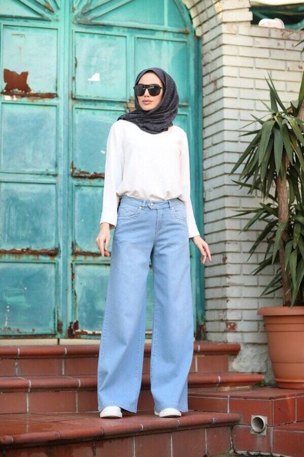 1067-Denim Bol Paça Pantolon Açık Mavi
