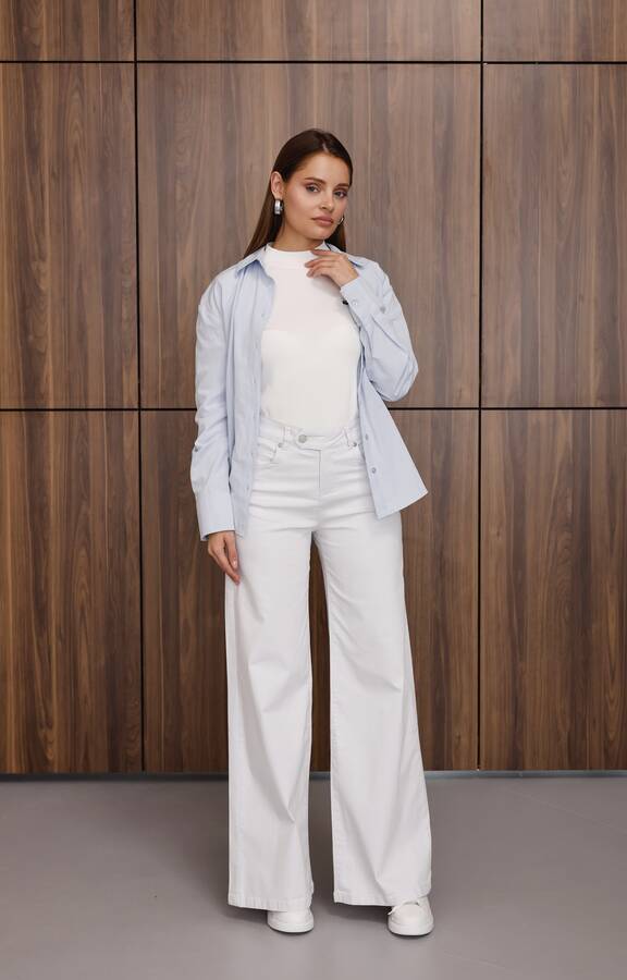 1067-Denim Bol Paça Pantolon Beyaz