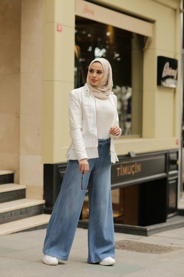 1067-DENİM BOL PAÇA PANTOLON Koyu Mavi
