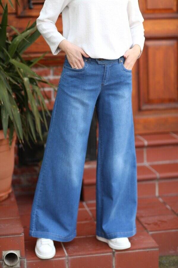 1067-Denim Bol Paça Pantolon Koyu Mavi