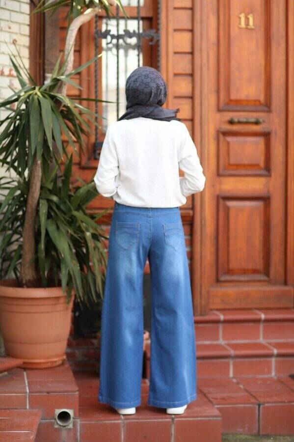 1067-Denim Bol Paça Pantolon Koyu Mavi