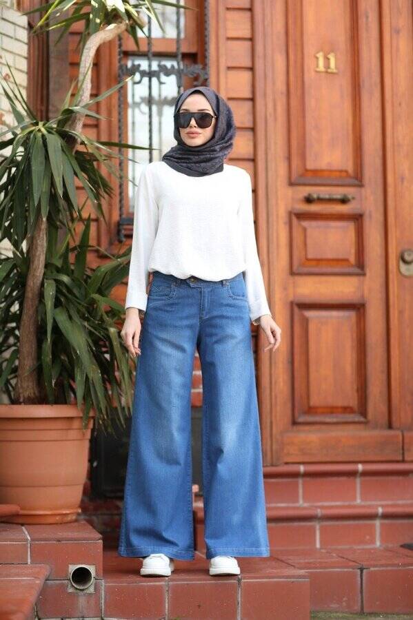 1067-Denim Bol Paça Pantolon Koyu Mavi