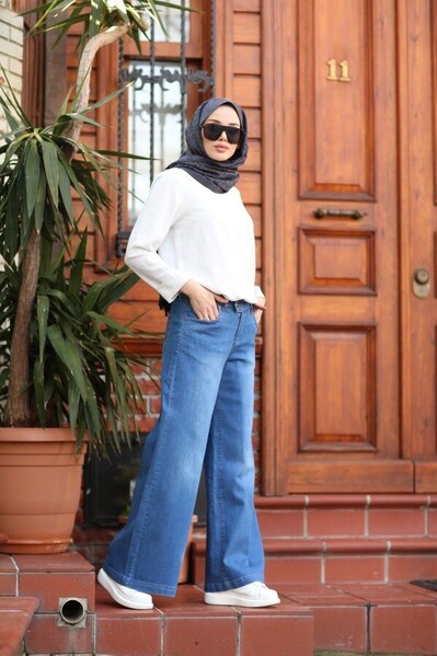 Neways - 1067-Denim Bol Paça Pantolon Koyu Mavi