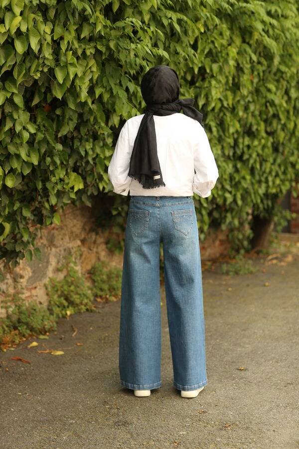 1067-Denim Bol Paça Pantolon Koyu Mavi