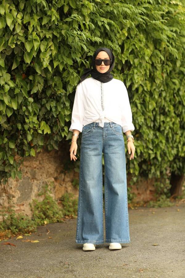 1067-Denim Bol Paça Pantolon Koyu Mavi