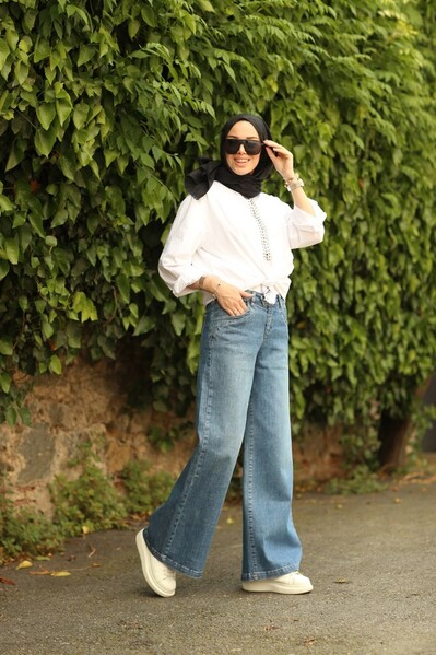 Neways - 1067-Denim Bol Paça Pantolon Koyu Mavi